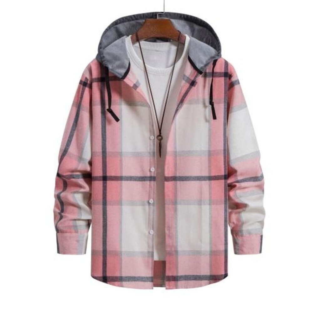 (pink, M) Men Spring Autumn Hooded Drawstring Shirt Coat Long Sleeve Plaid Print Solid Color Patchwork Color Single Breasted Casual Coat
