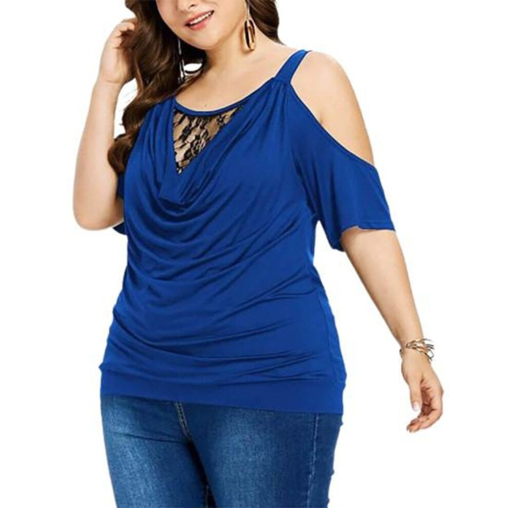 (4XL, blue) Women T-shirt Round Neck Lace Short Sleeves Hollow Out Solid Color Daily Wear See-through Plus Size Off Shoulder Women Top