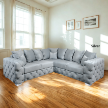 (Silver, 5-Seater Corner Sofa) Plush Velvet 3 & 2 Seater Sofa Set | Ashton Scatter Back | 5 Seater Corner Sofa