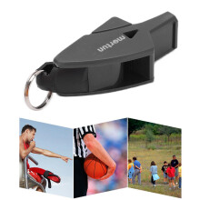 Sifflet de sport en plastique noir avec 2 clips pour les doigts.