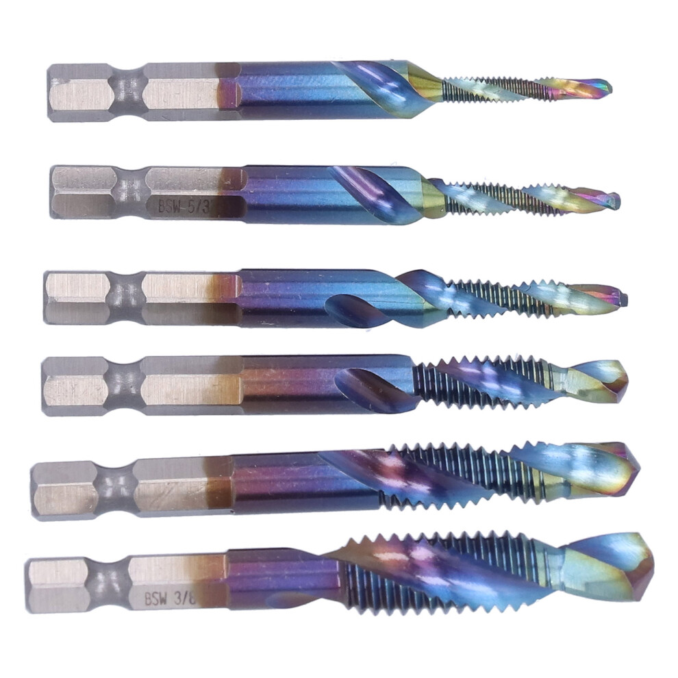6Pcs/Set Blue Spiral Tap Drill Bit Kit High Speed Steel Drilling Tapping Bits British System 6931322295826