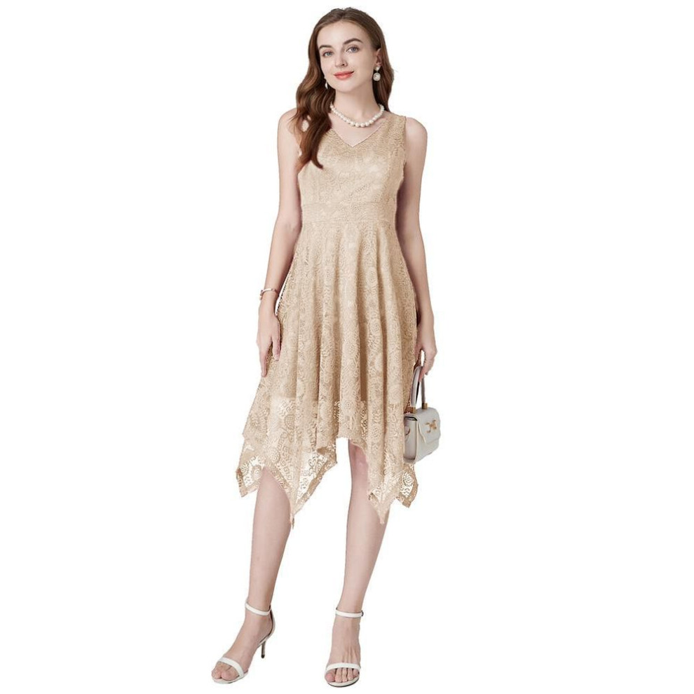(apricot, S) Dress For Women Midi Lace V-neck Sleeveless Asymmetrical Skirt Summer Dresses Female Evening Party Cocktail Occasion Outfit Night Going Out Wear