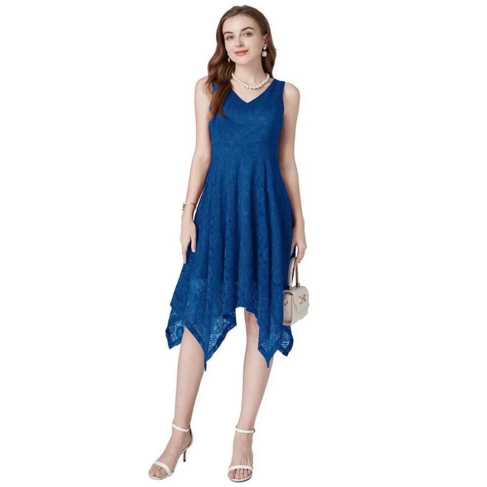 (blue, M) Dress For Women Midi Lace V-neck Sleeveless Asymmetrical Skirt Summer Dresses Female Evening Party Cocktail Occasion Outfit Night Going Out Wear