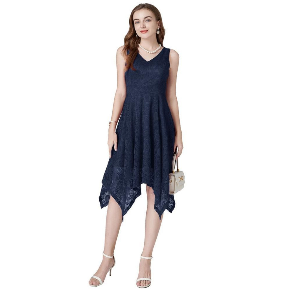 (navy blue, S) Dress For Women Midi Lace V-neck Sleeveless Asymmetrical Skirt Summer Dresses Female Evening Party Cocktail Occasion Outfit Night Going Out Wear