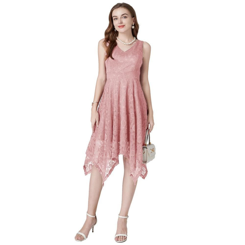 (pink, M) Dress For Women Midi Lace V-neck Sleeveless Asymmetrical Skirt Summer Dresses Female Evening Party Cocktail Occasion Outfit Night Going Out Wear