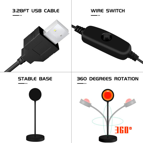Lampada USB al tramonto 3W 28.3*6.8cm Nera, 4 pezzi di pellicola 1