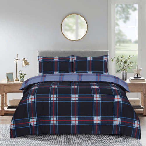 (Plaid-Check Navy/Blue, Single) 4PCs Complete Bedding Set Duvet Cover Fitted Sheet