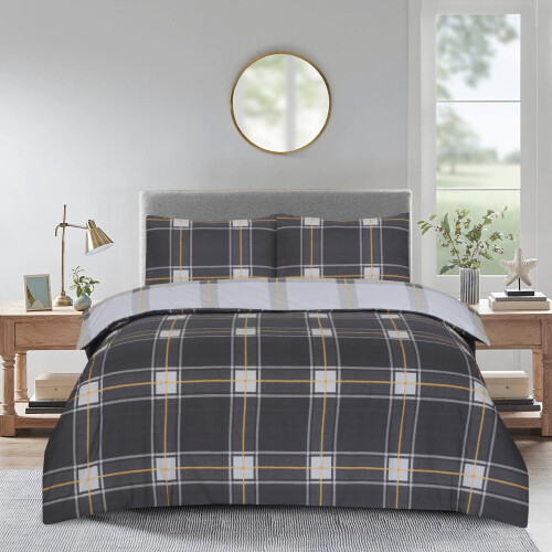 (Plaid-Check Grey, Single) 4PCs Complete Bedding Set Duvet Cover Fitted Sheet