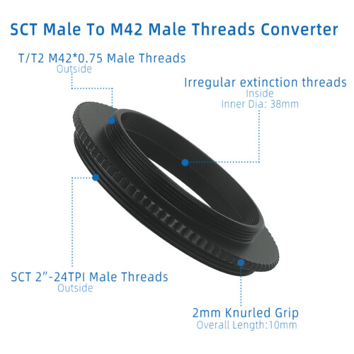 Adaptateur SCT vers M42x0.75 T2 noir 38mm 2
