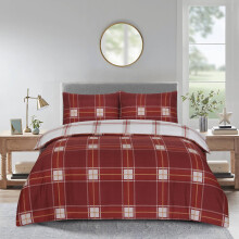 (Plaid-Check Red/Burgundy, King) 4PCs Complete Bedding Set Duvet Cover Fitted Sheet
