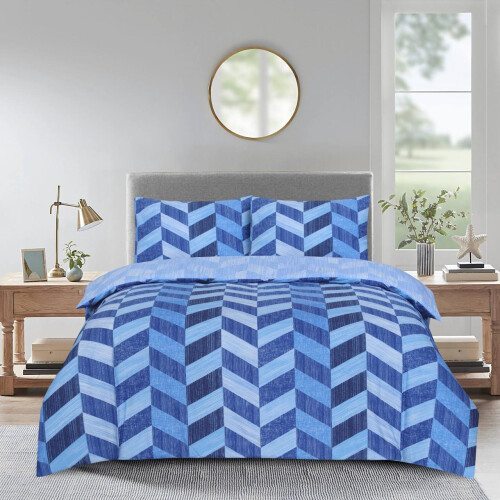 (Zigzag Blue, Double) 4PCs Complete Bedding Set Duvet Cover Fitted Sheet