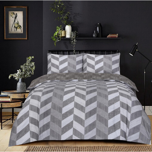 (Zigzag Grey, Double) 4PCs Complete Bedding Set Duvet Cover Fitted Sheet