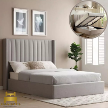 (Steel (with Mattress), 5ft King (without Gas Lift)) Luxury Winged Velvet Ottoman Bed Frame 54" Headboard Gas Lift Storage Mattress