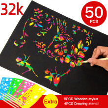 Regenbogen-Schabram-Kunstset 50 Stück mit Stylus & Schablonen für Kinder