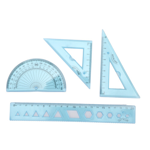 Ruler Kit FourPiece Soft Plastic Transparent Blue Angle Length Measuring Tools with Wavy Line for Kids Students 1