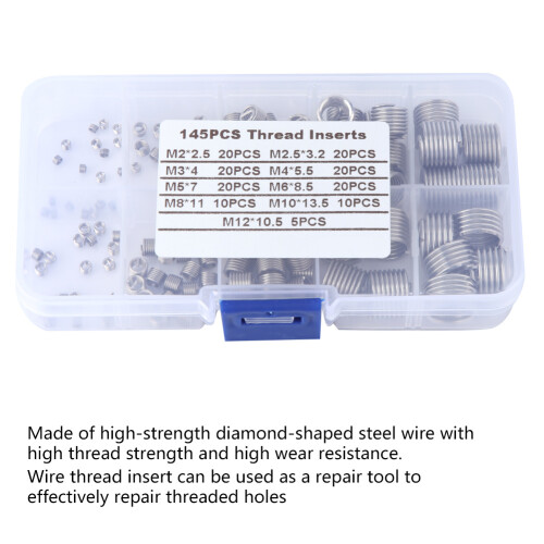 145 pièces Kit d'inserts filetés en fil d'acier inoxydable M2-M12 2