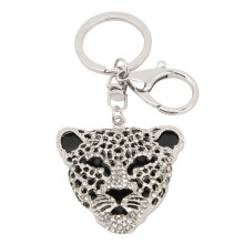 Porte-clés tête de léopard strass pendentif argent