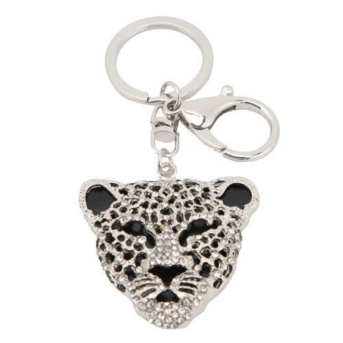 Porte-clés tête de léopard strass pendentif argent