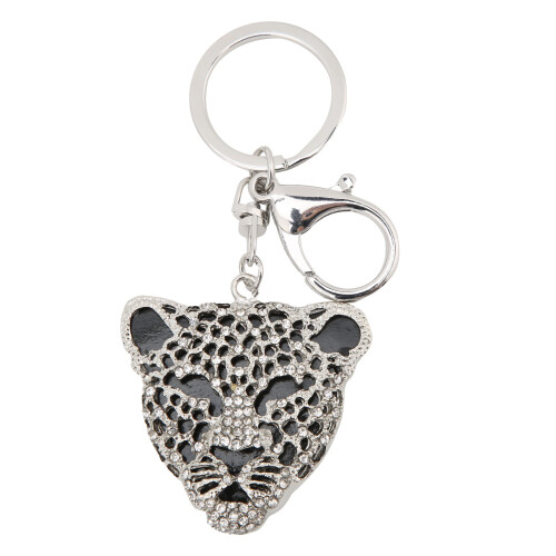 Porte-clés tête de léopard strass pendentif argent 1