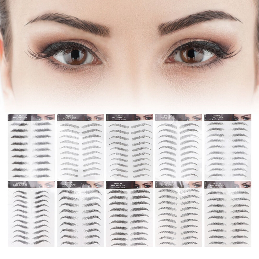 Black 10 Sheets Waterproof Eyebrow Stickers Disposable Temporary Brow False Eyebrows Sticker Set (Black)