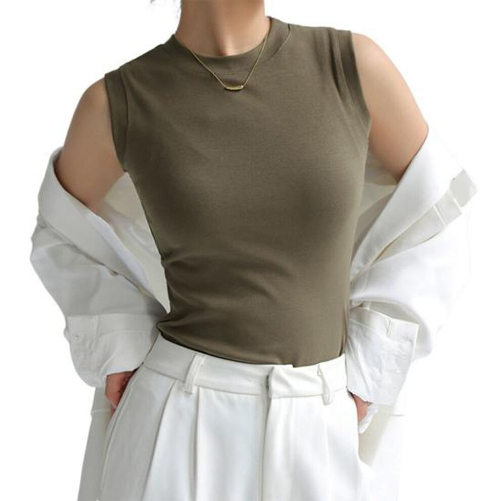 (XL, army green) Women's Tank Top Sleeveless Cotton High Neck Crop Top Ribbed Slim Fit