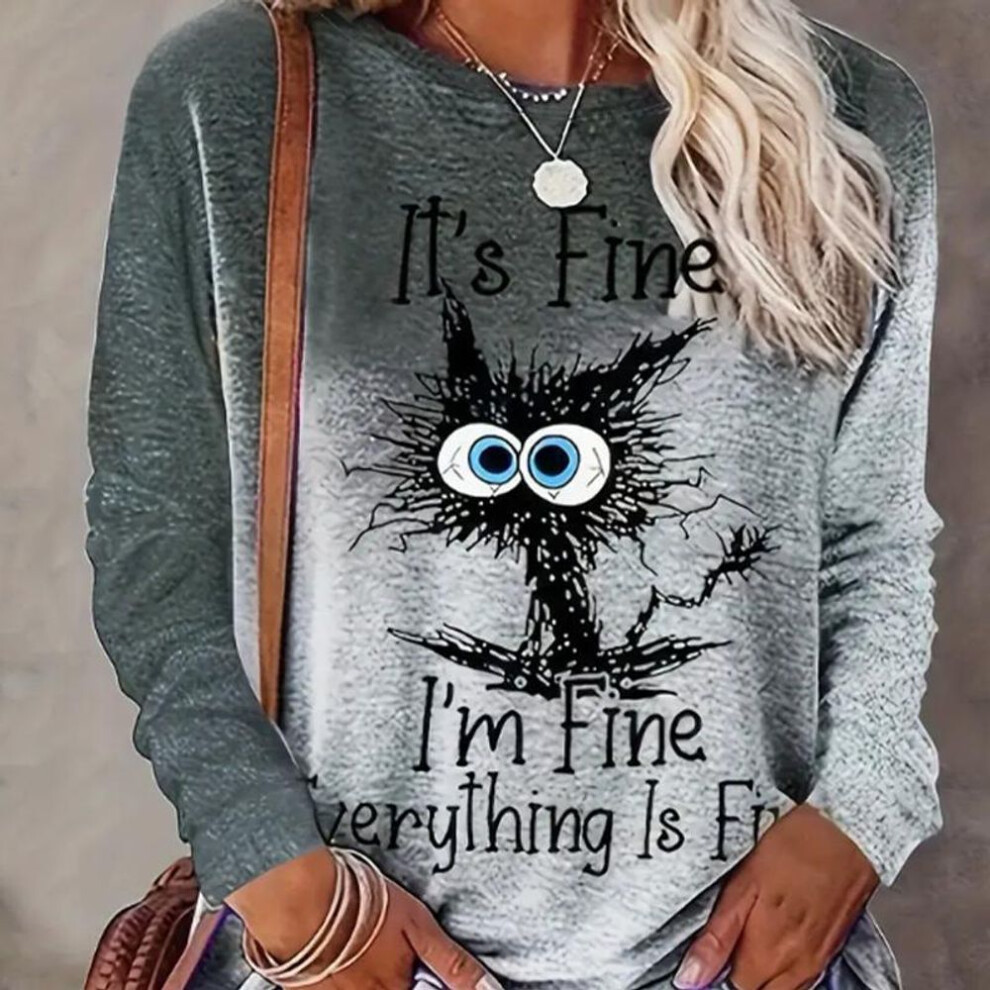 (S, grey) Tops For Women Interesting Cartoon Cat Print Round Neck Long Sleeve T-shirt Fall Casual Slim Pullover Women's Long Sleeve Top