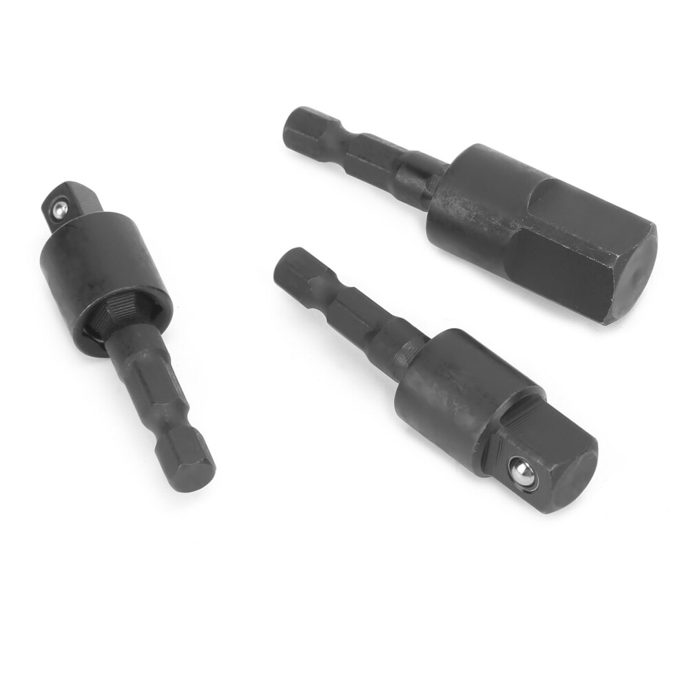 3Pcs Power Drill Socket Set Metal Hex Shank Impact Driver Adapter 360 Degree Rotatable Black