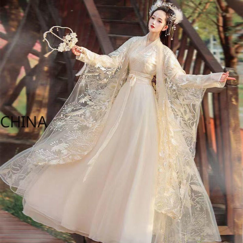 (beige, XL) Chinese Style Vintage Sweet Fairy Hanfu Dress Traditional Lace Embroidery Princess Costume Chic Party Dress