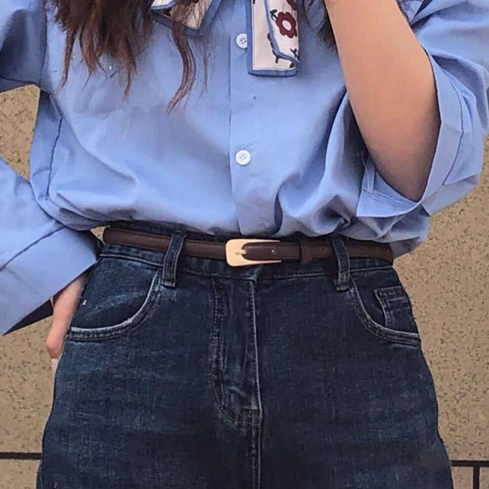(coffee) Women Casual Retro Metal Buckle Waistband Trouser Dress Belts Leather Belt Thin Waist Strap