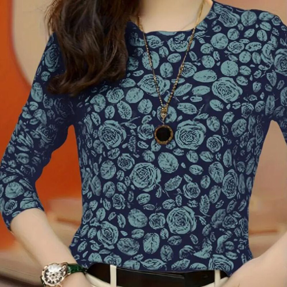 (5XL, blue) Tops For Women Flat Rose Print Round Neck Long Sleeve T-shirt Fall Casual Slim Pullover Women's Long Sleeve Top