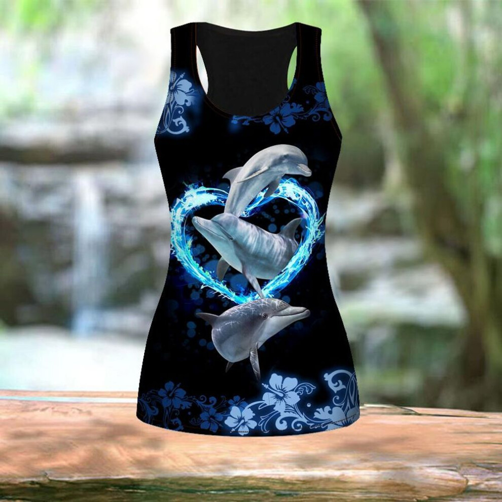 (XXL, light blue) 3D Heart-shaped Dolphin Print Women Workout Yoga Gym Printed Summer Sport Shirts Plus Size Vests