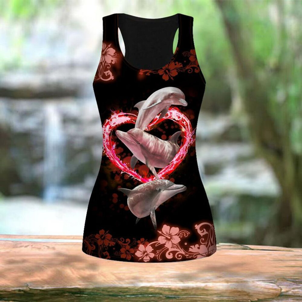 (3XL, red) 3D Heart-shaped Dolphin Print Women Workout Yoga Gym Printed Summer Sport Shirts Plus Size Vests