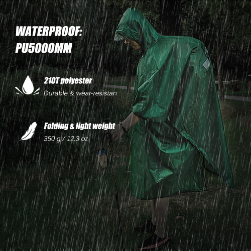Poncho de pluie PU5000mm 140x230 cm Noir/Vert à capuche 1