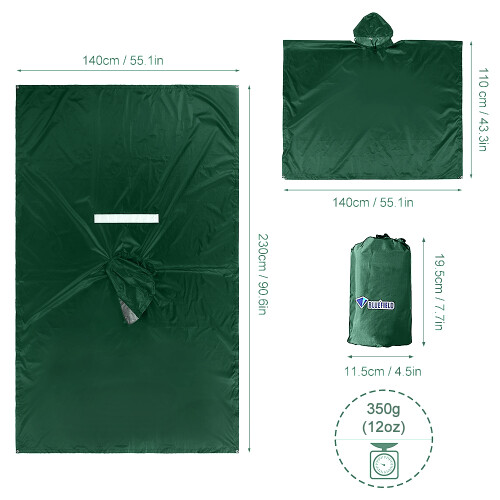 Poncho de pluie PU5000mm 140x230 cm Noir/Vert à capuche