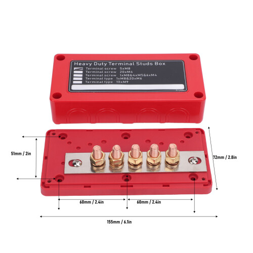 Bloc de distribution d'alimentation rouge à 5 voies DC48V 300A M8x5 1
