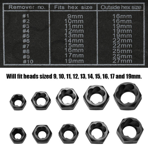 Kit d'extracteurs d'écrous et de boulons noirs de 9 à 19 mm, 10 pièces 1