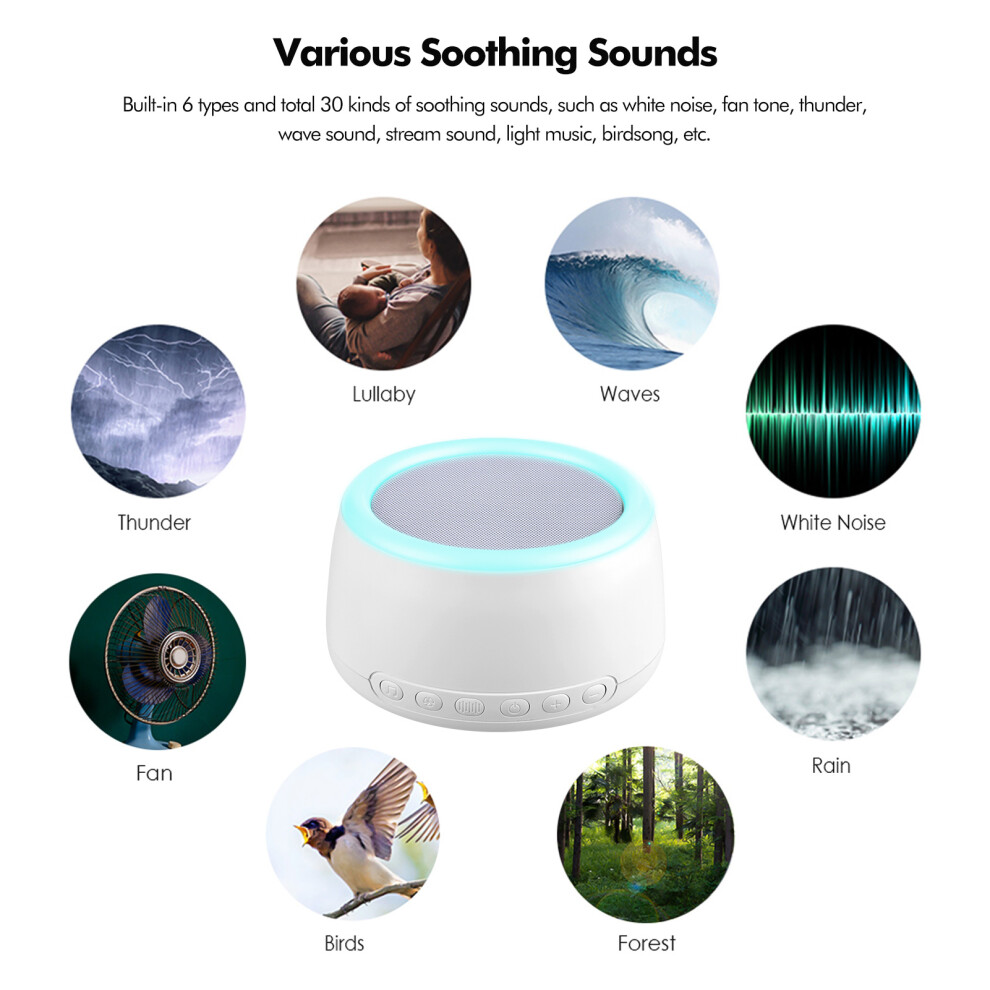 White Desktop Rechargeable Noise Machine Sleep Therapy Sound Machine 30 Soothing Sounds 30Min/60Min Timer/Loop Playback Bt Connection With