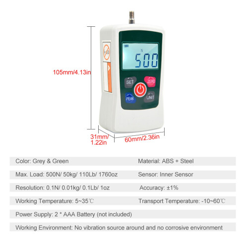 Digital Force Gauge Push Pull Meter 500N Portable Handheld with Unit Switching Backlit Screen Auto Shutdown Gray Green 1