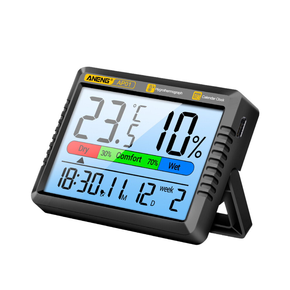 Thermometer Hygrometer Multifunctional Rechargeable Temperature Humidity Meter Alarm Clock Function Calendar Week Display Comfort Reminder,