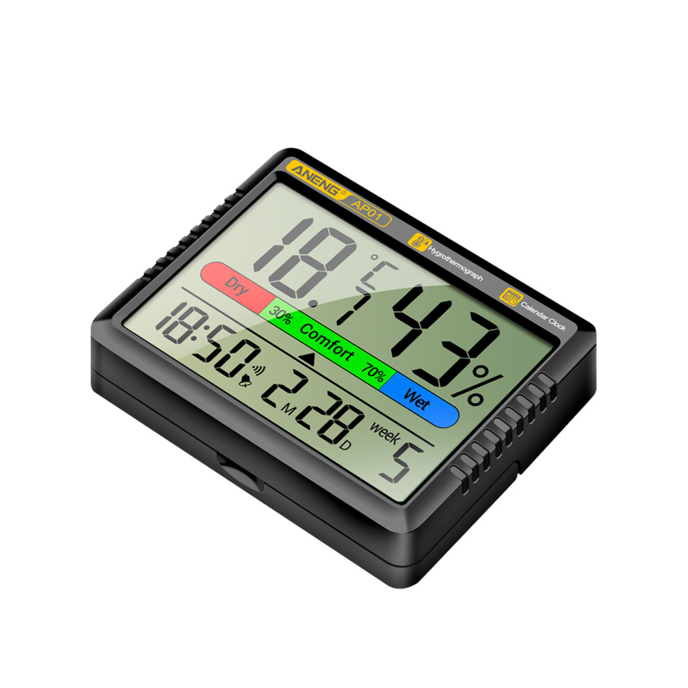Thermometer Hygrometer Multifunctional Temperature Humidity Meter Alarm Clock Function Calendar Week Display Comfort Reminder, Hourly Remin