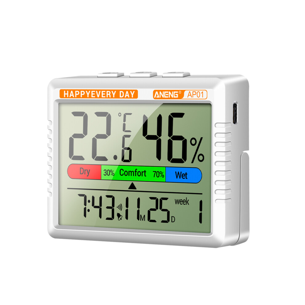 Thermometer Hygrometer Multifunctional Rechargeable Temperature Humidity Meter Alarm Clock Function Calendar Week Display Comfort Reminder,