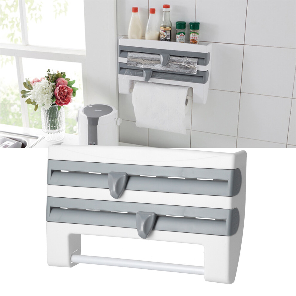 Multifunction Plastic Wrap Storage Rack Cling Film Dispenser, Cutter, Foil & Paper Towel Holder (-Blue) Gray/Blue