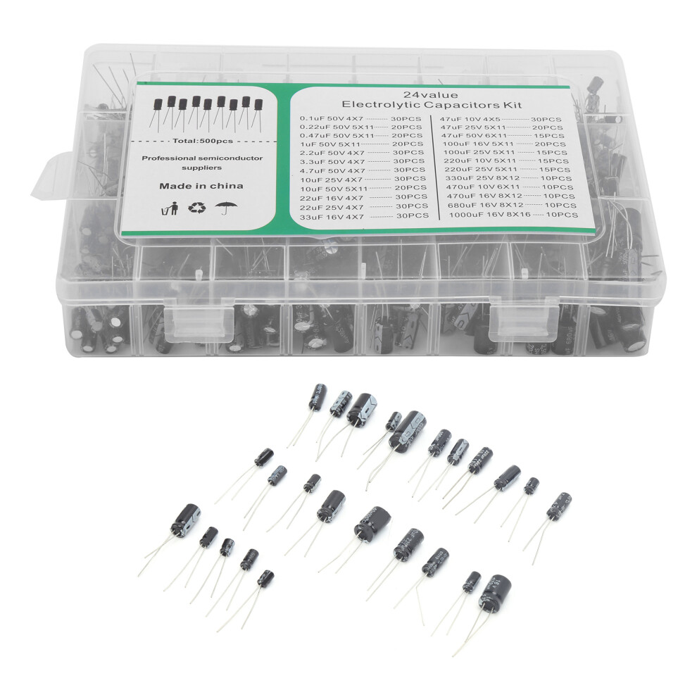 500Pcs Electrolytic Capacitor Kit 24 Value Assortment Box 0.1Ufâ1000Uf 10V 16V 25V 50V 8471322881479