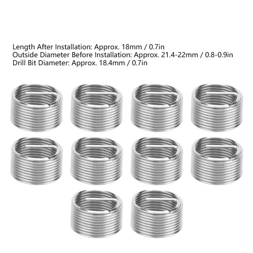 10 pièces d'inserts filetés hélicoïdaux en acier inoxydable M18x1.5x1D 2