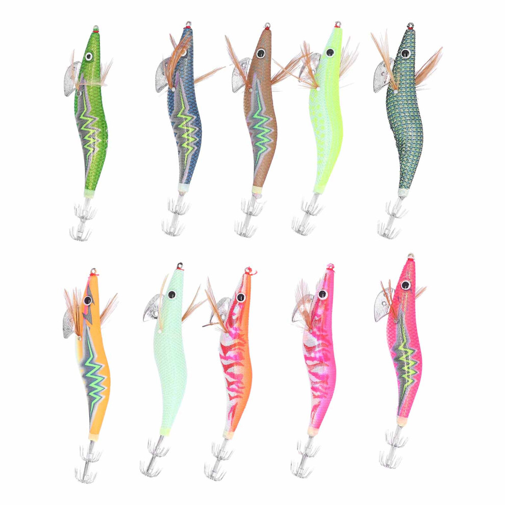 10pcs Squid Jig Hook Hard Fishing Lures Luminous Wood Fishing Shrimps Lure Bait Kit