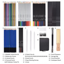 74-Piece Professional Drawing Pencils and Sketch Set Includes Colored Pencil Sketch Charcoal Pastel Pencil Sharpener Eraser Sketch Paper Gl