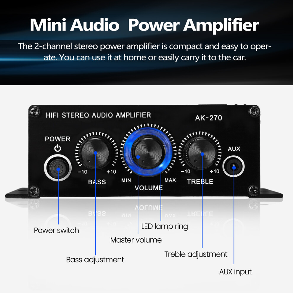 AK270 Mini Audio 2-Channel Stereo Power Amplifier Portable Sound Amplifier AUX Input Speaker Amp for Car and Home-image-OPC-PHW2MQP-NEW