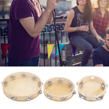 3-teiliges Tamburin-Set aus Holz, Handglocke, Percussion, aus Massivholz, Metall, Kuhhaut