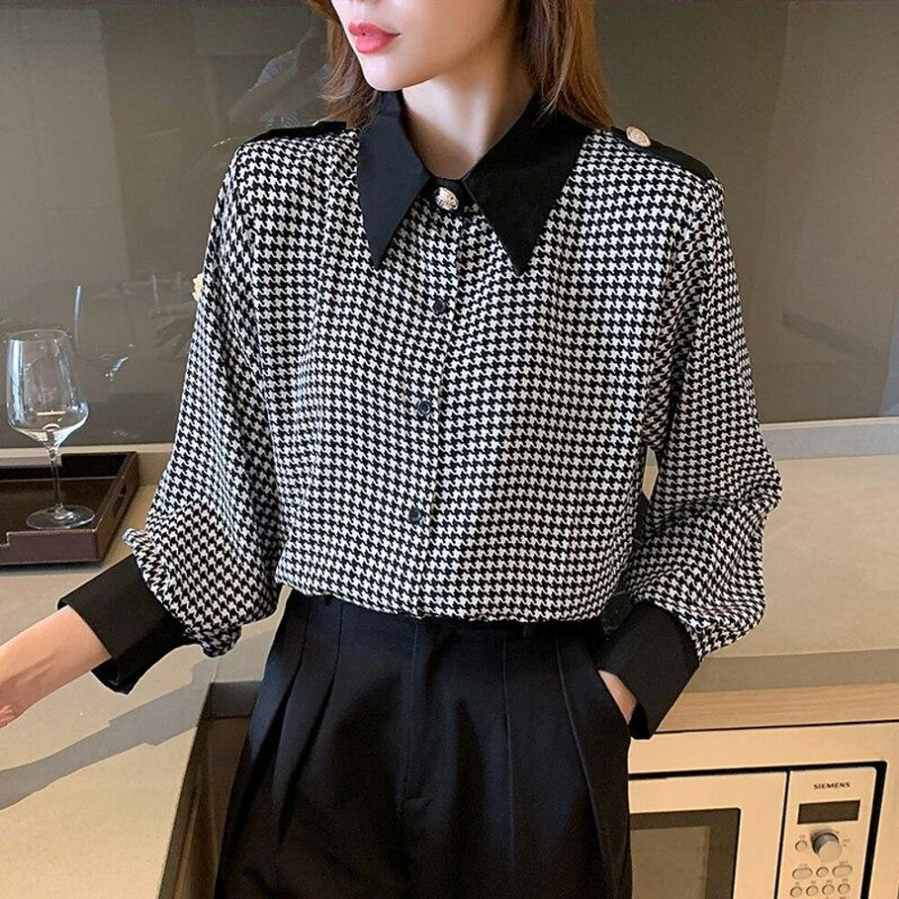 (S, black) New Retro Versatile Women Plaid Shirt Turn-down Collar Office Lady Straight Blouses Work Wear Bottom Tops