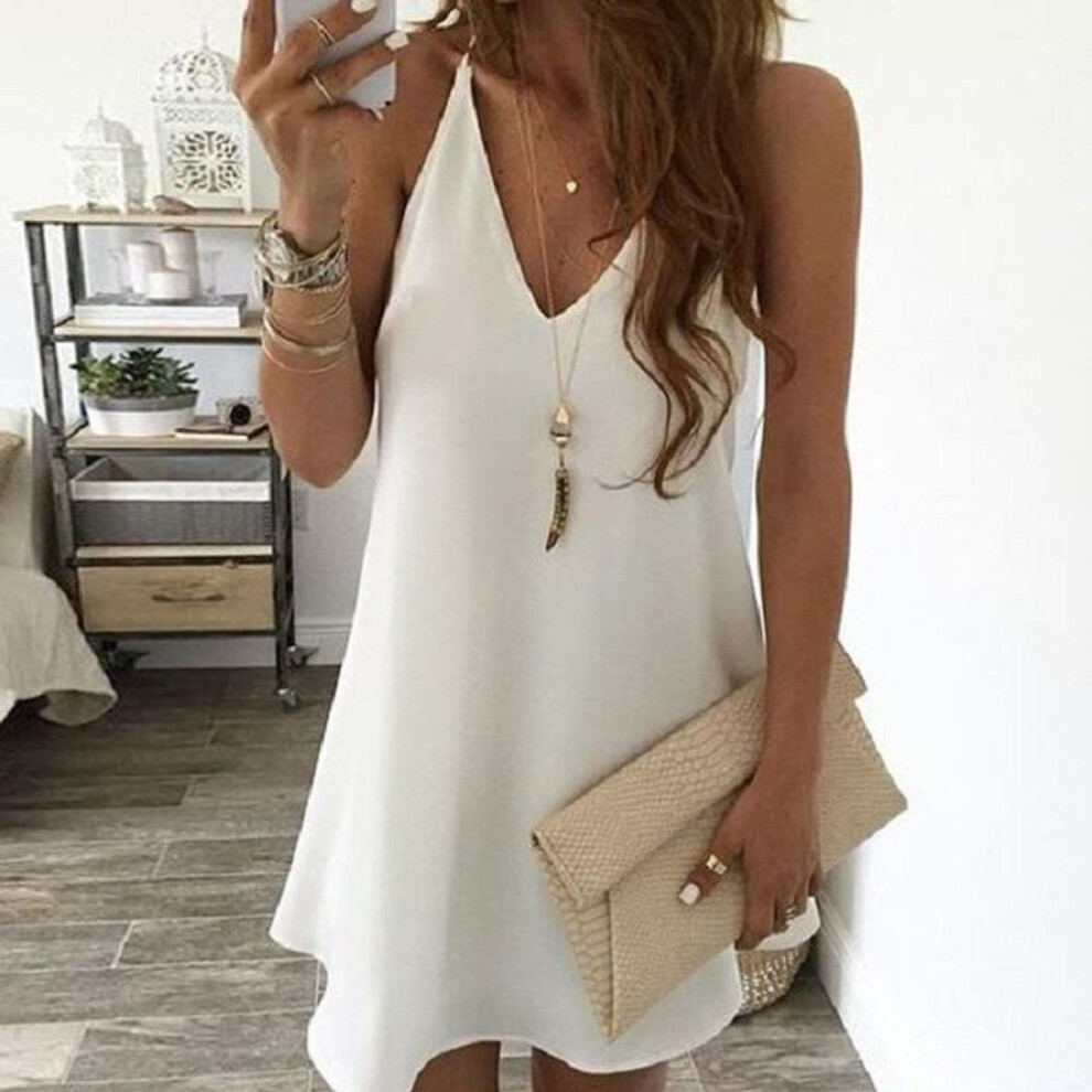 (white, 2XL) Plus Size Women's Dress Chiffon Halter V-neck Swing Dresses